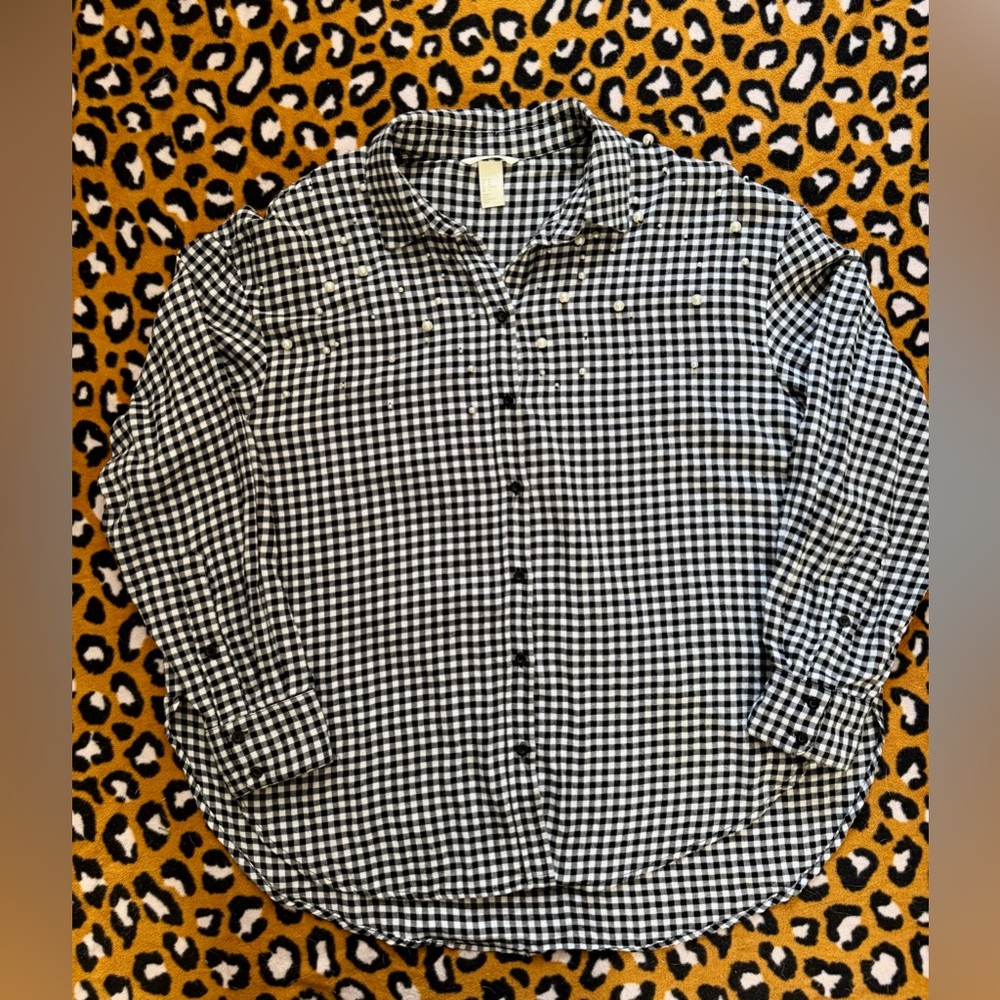 H&M Black and White Gingham Shirt with Pearl Accents